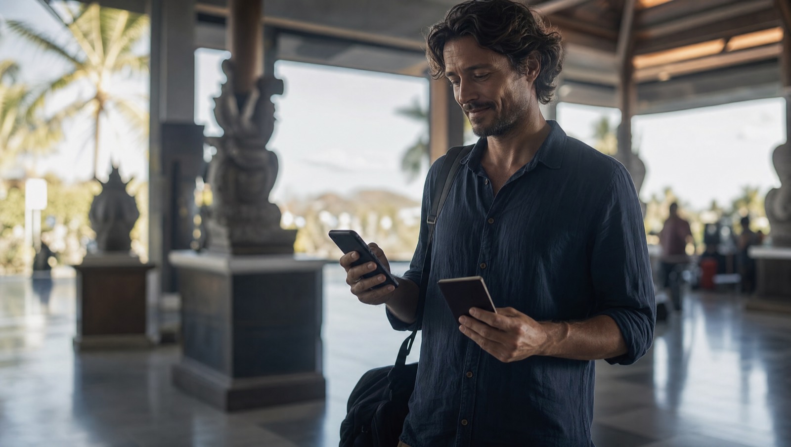 Traveler holding a passport and phone QR code at Bali airport arrivals