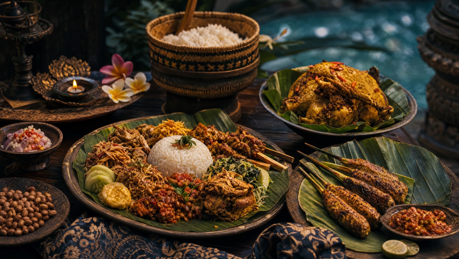 A spread of Balinese dishes on a wooden table with banana leaf