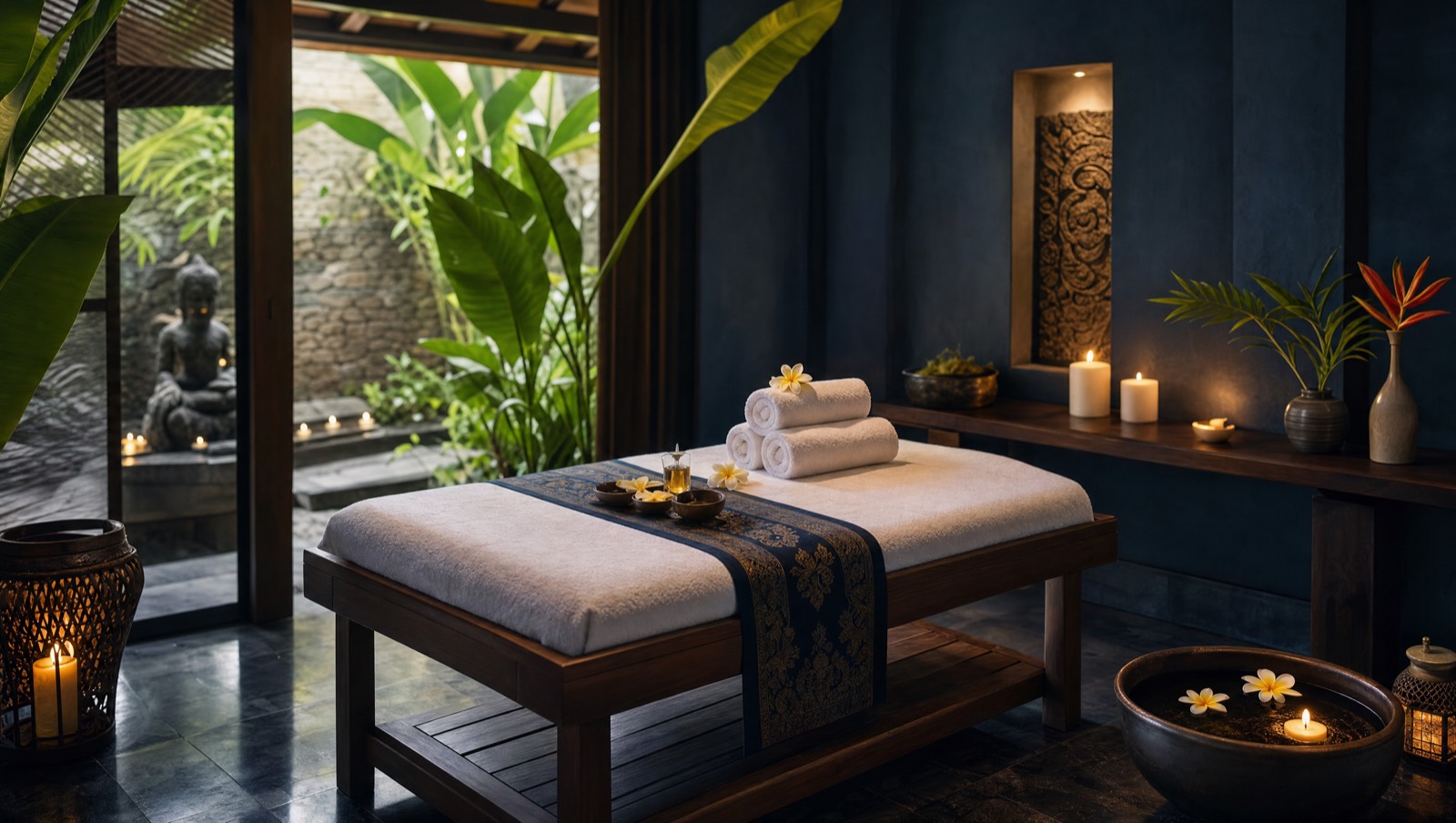 Hands giving a traditional Balinese oil massage with frangipani