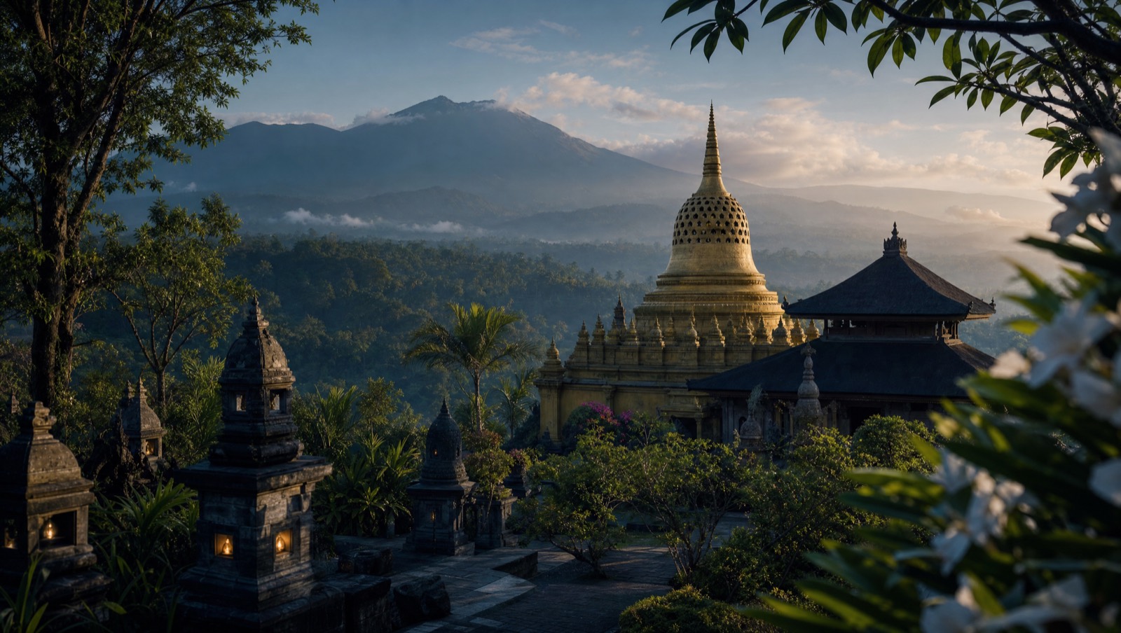 Golden Borobudur-style stupa at a Balinese Buddhist monastery