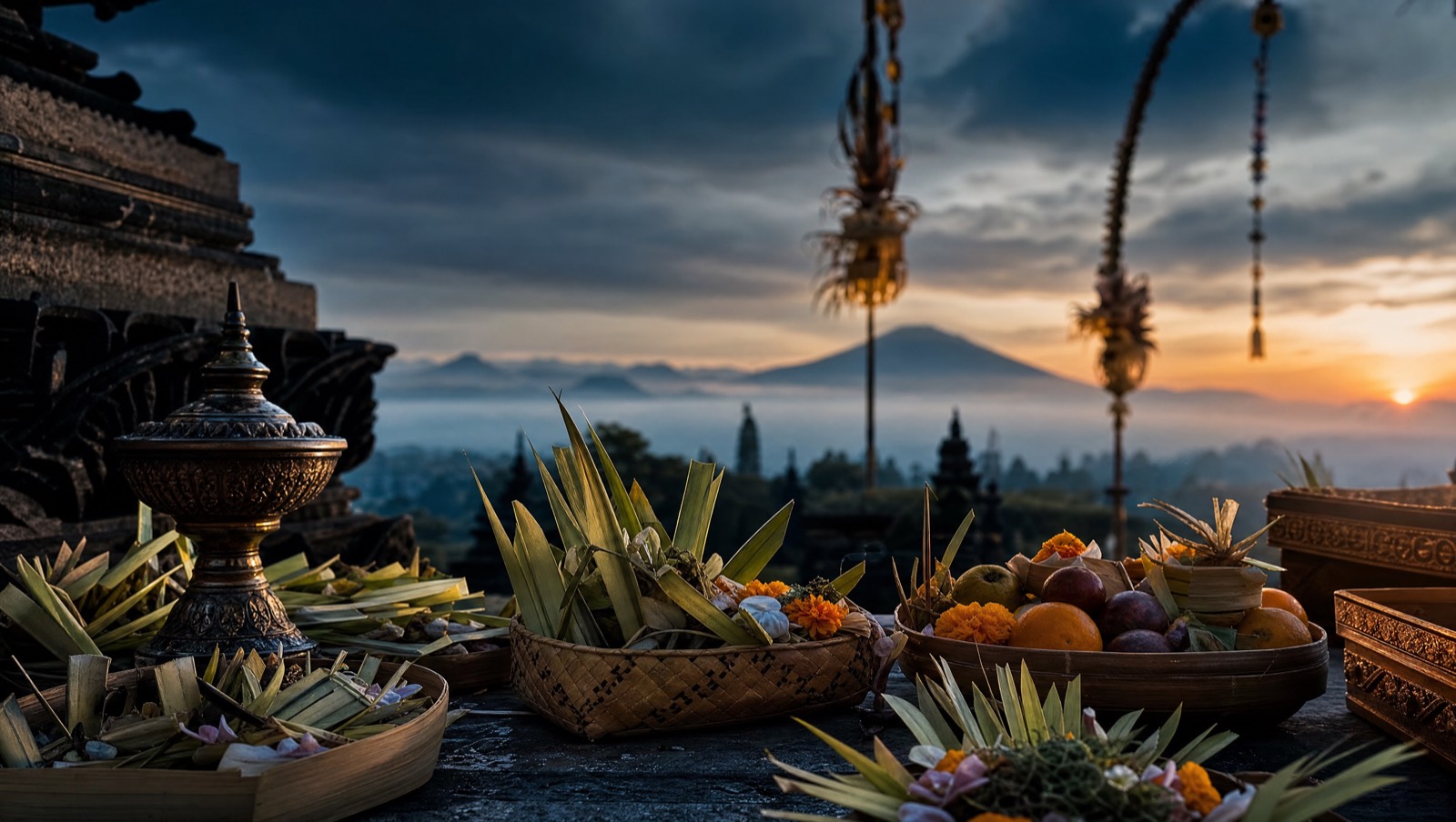 Balinese ceremonial offerings, fruit towers, holy water and a penjor pole