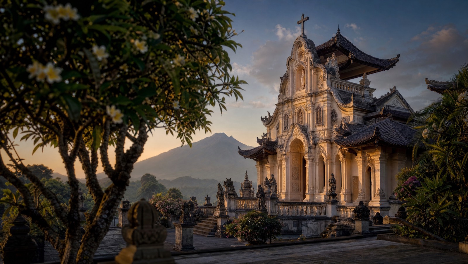 Ornate Balinese-style Catholic church with carved stone