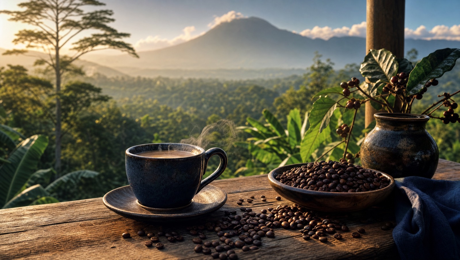 Balinese highland coffee and roasted beans on a rustic table