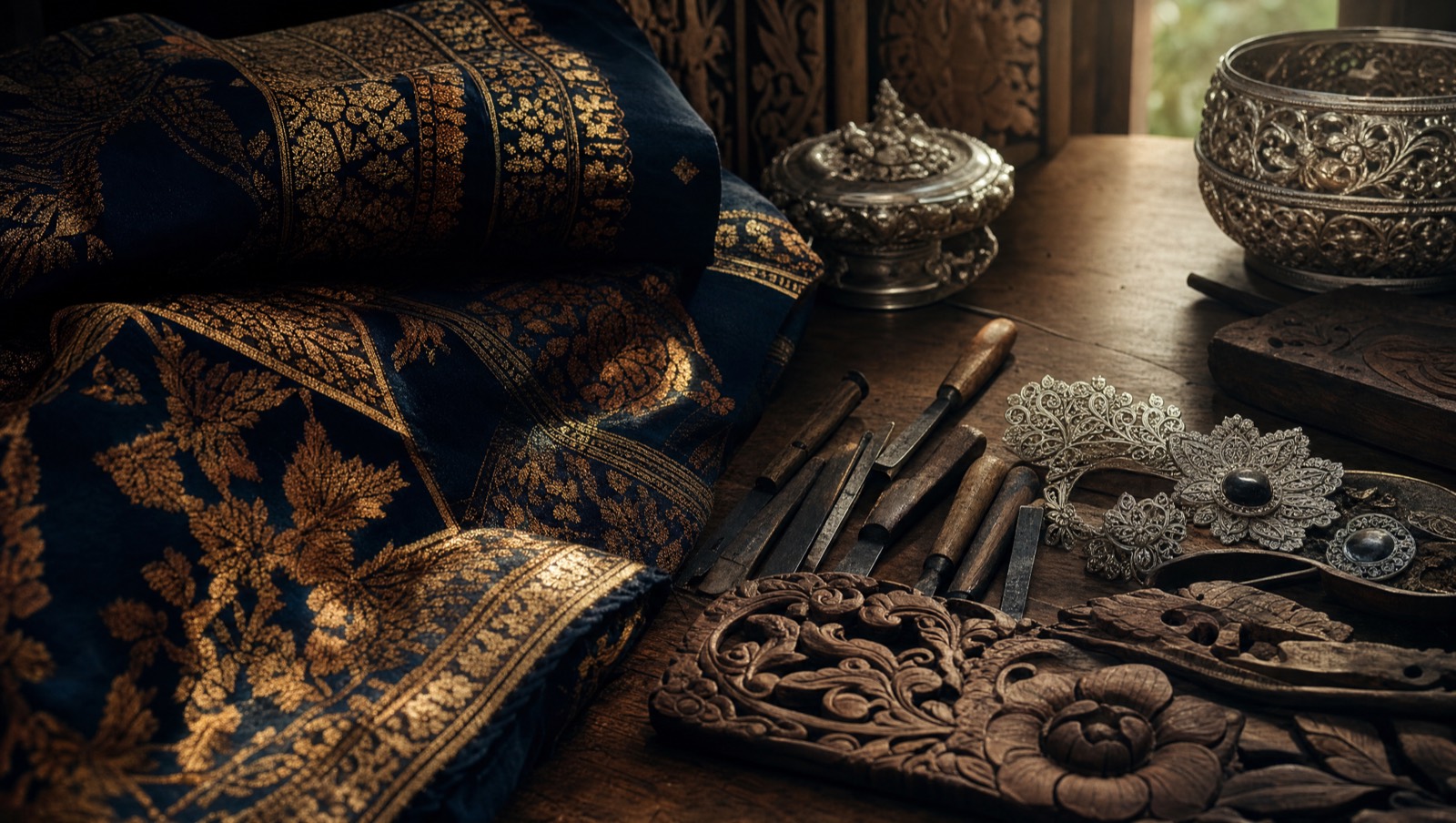 Balinese songket textile with gold thread and woodcarving tools