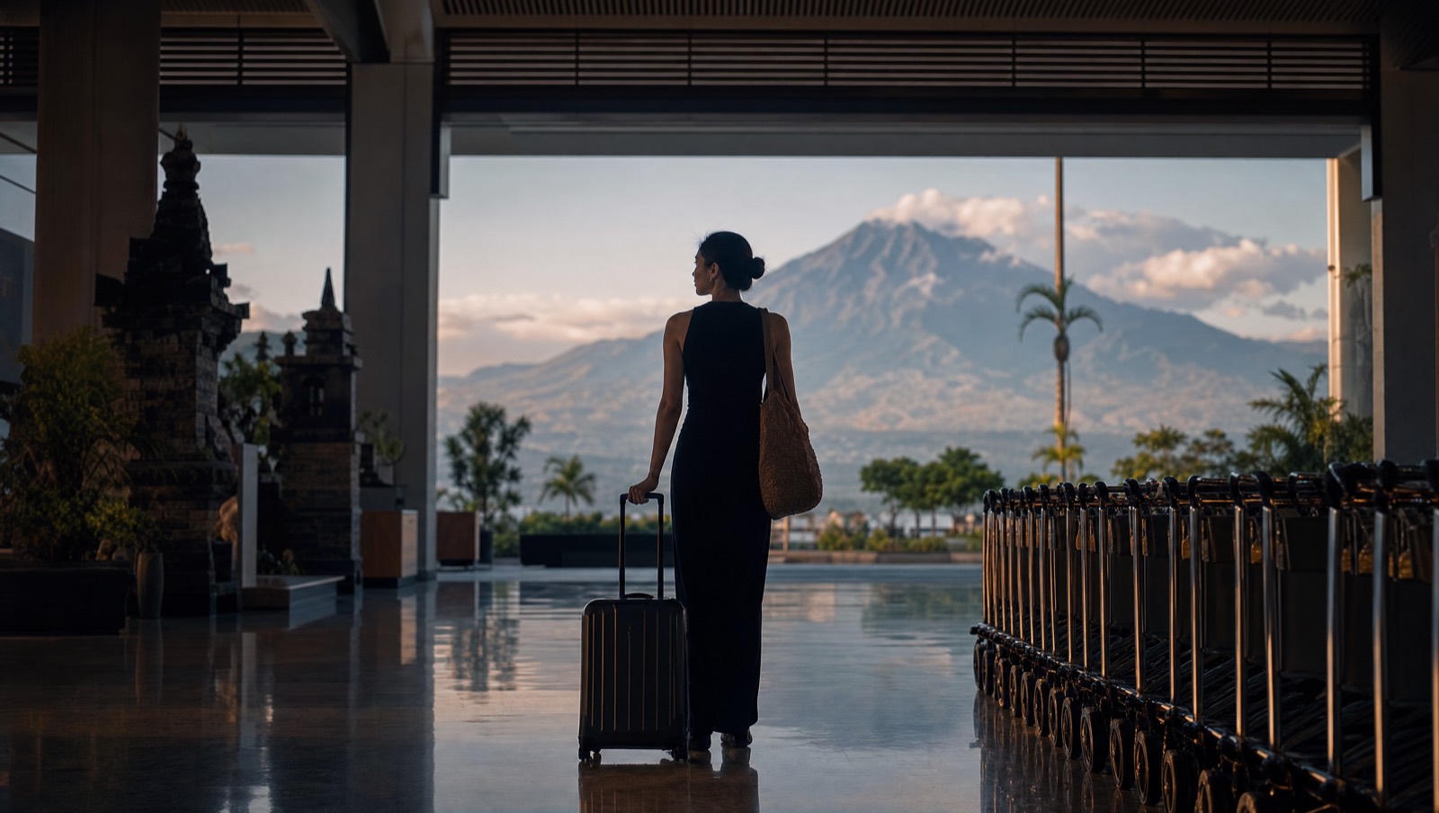 Airport customs hall in Bali with luggage trolleys