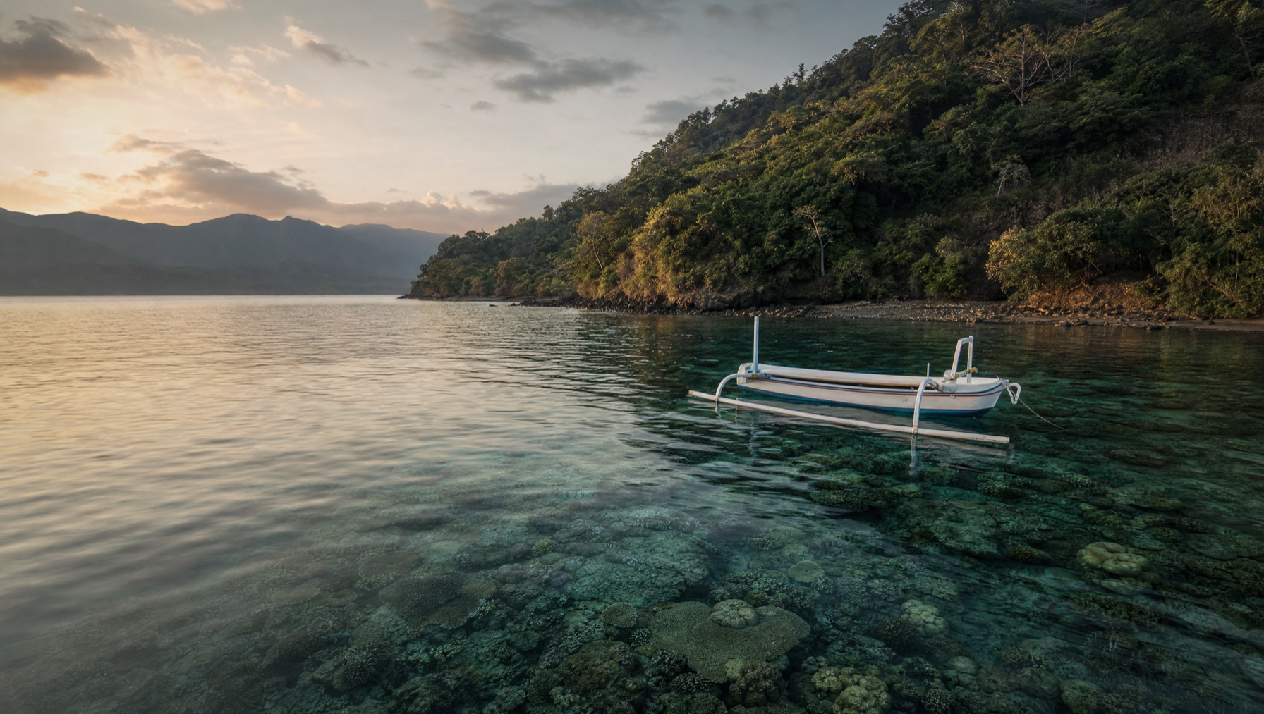 Snorkeler over coral reef in the calm clear bay at Pemuteran, north Bali