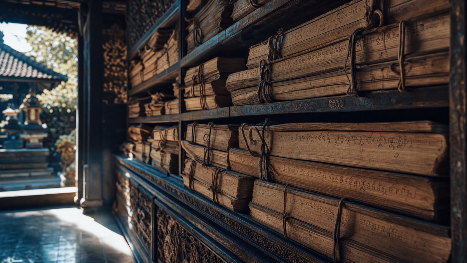 Ancient Balinese lontar palm-leaf manuscripts in a library