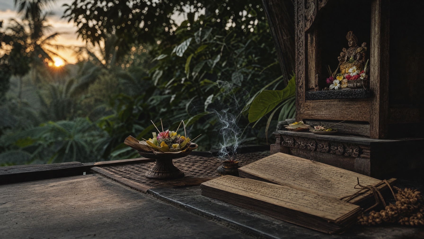 Offerings and incense at a traditional Balinese healing shrine