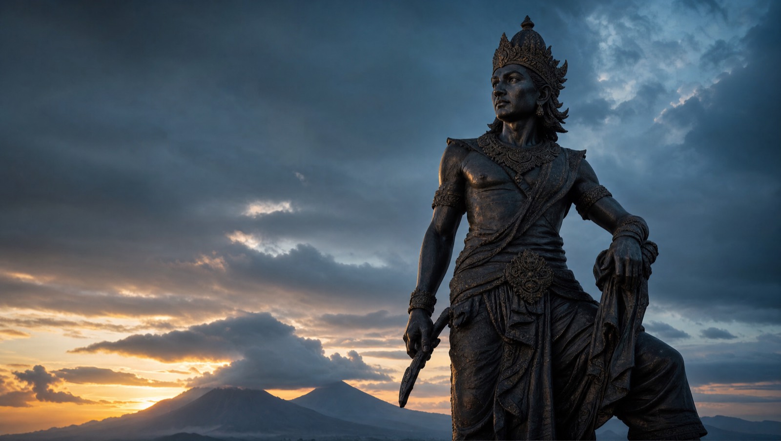 Heroic monument of a Balinese warrior prince against the north Bali sky