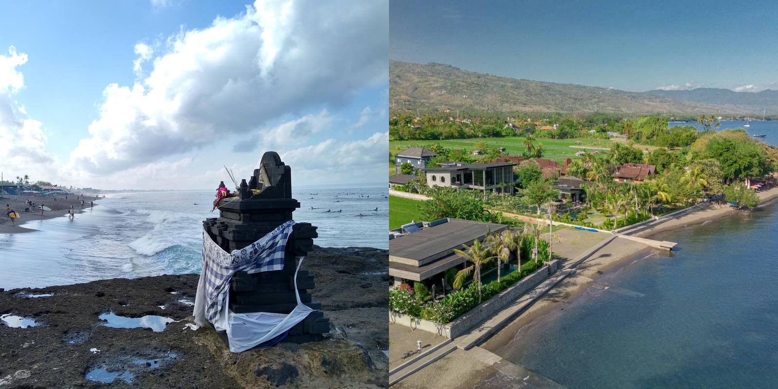 Two shores side by side: Canggu in south Bali on the left, a shrine on lava rock with surfers in the sea, and the Lovina shore in north Bali on the right, a black-sand beach with villa gardens