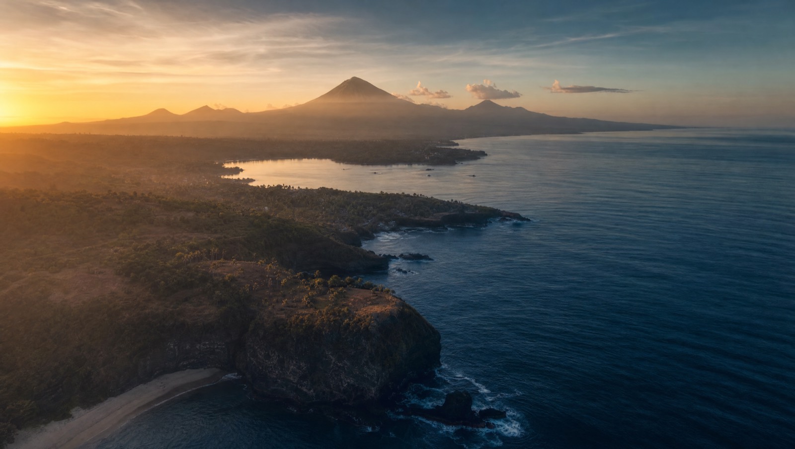 Aerial view of the Bali coastline at golden hour