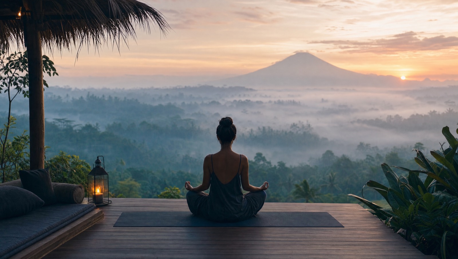 Person meditating at dawn on a wooden deck above misty jungle