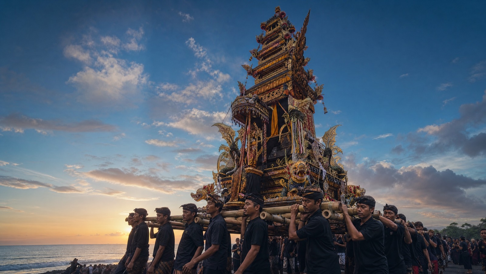 Ornate Balinese cremation tower carried in procession