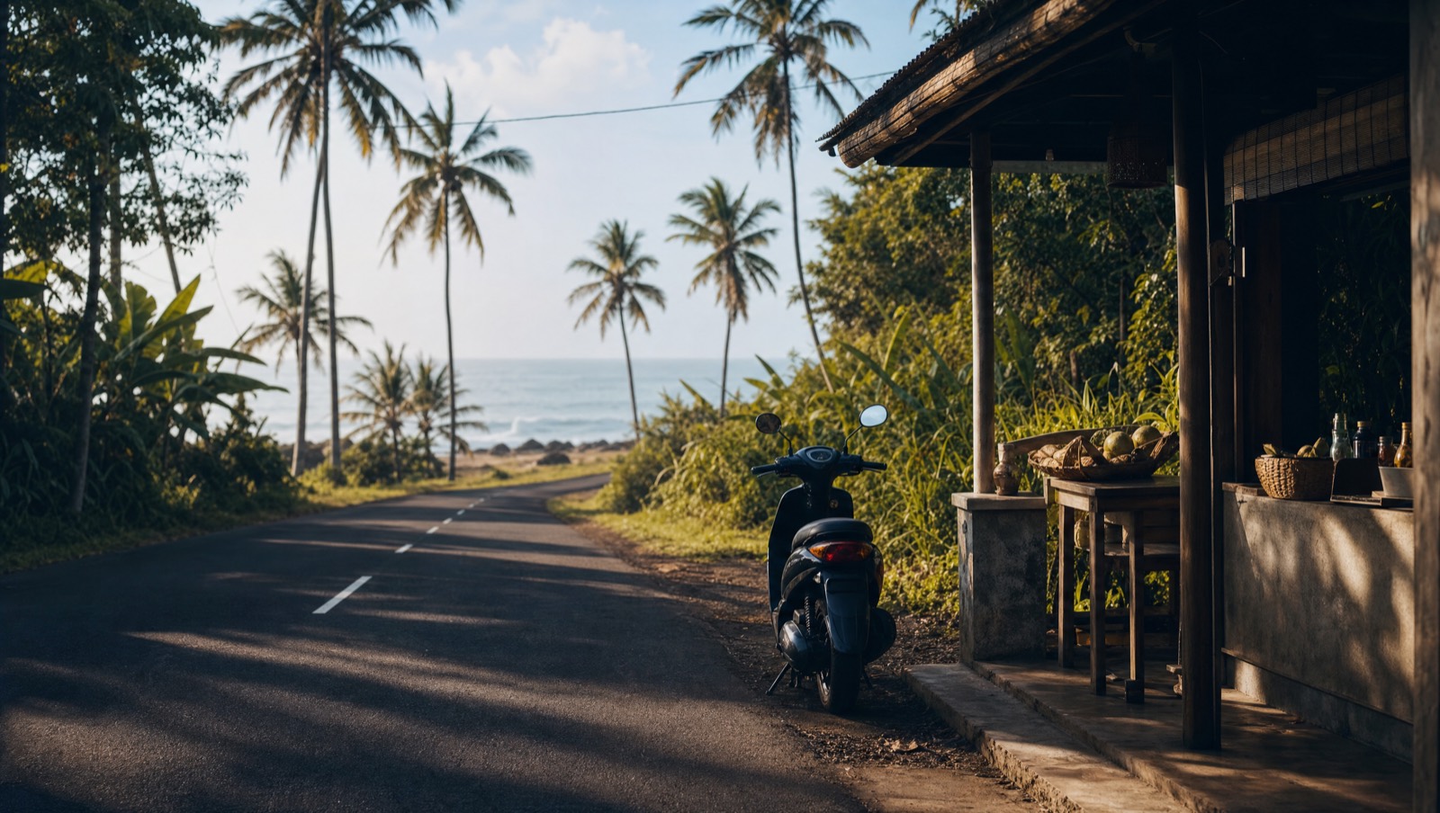 Scooter beside a simple warung on a quiet north Bali road