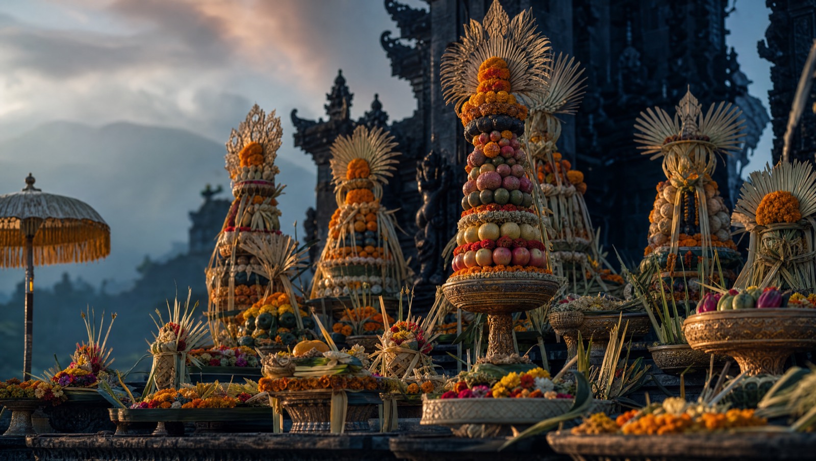 Elaborate Balinese ceremonial offerings and gebogan towers at a temple