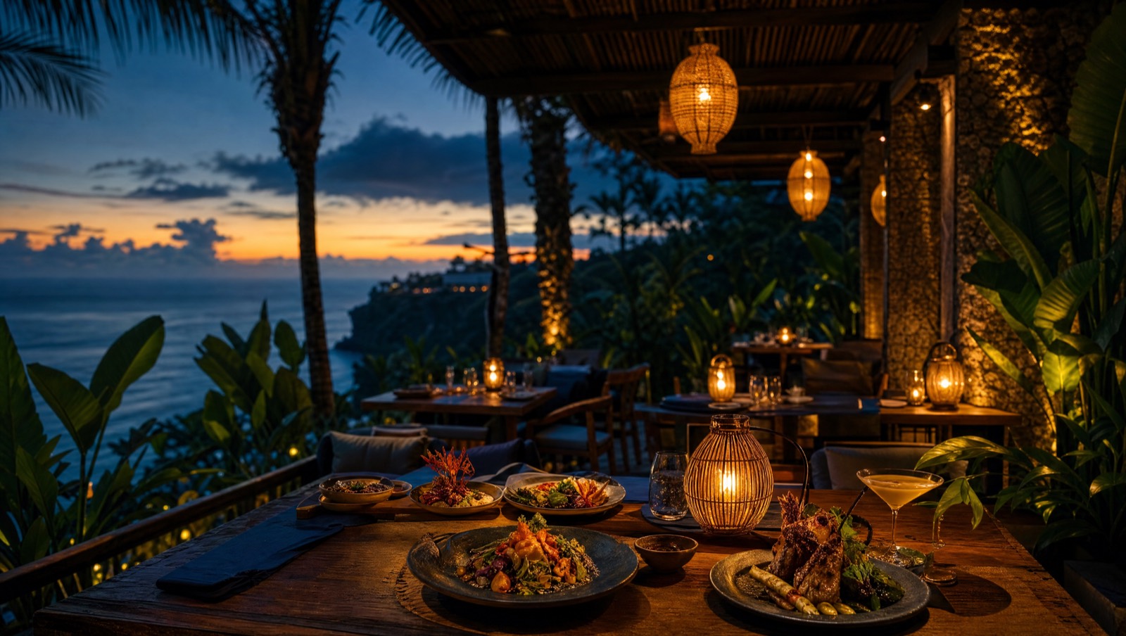 Elegant open-air Bali restaurant at dusk with warm lanterns