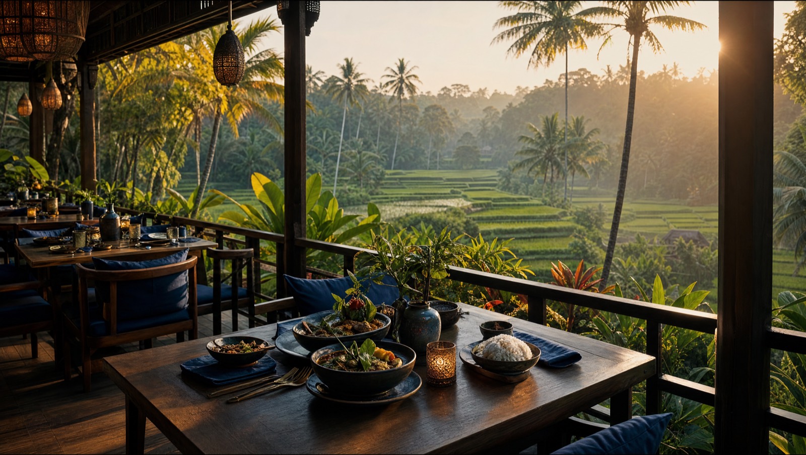 Ubud restaurant terrace overlooking rice paddies at golden hour