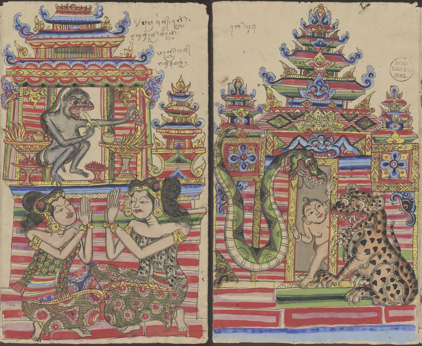 Nineteenth-century Balinese drawing of two women praying at a house shrine while a monkey steals fruit, beside a gate guarded by a snake and a tiger