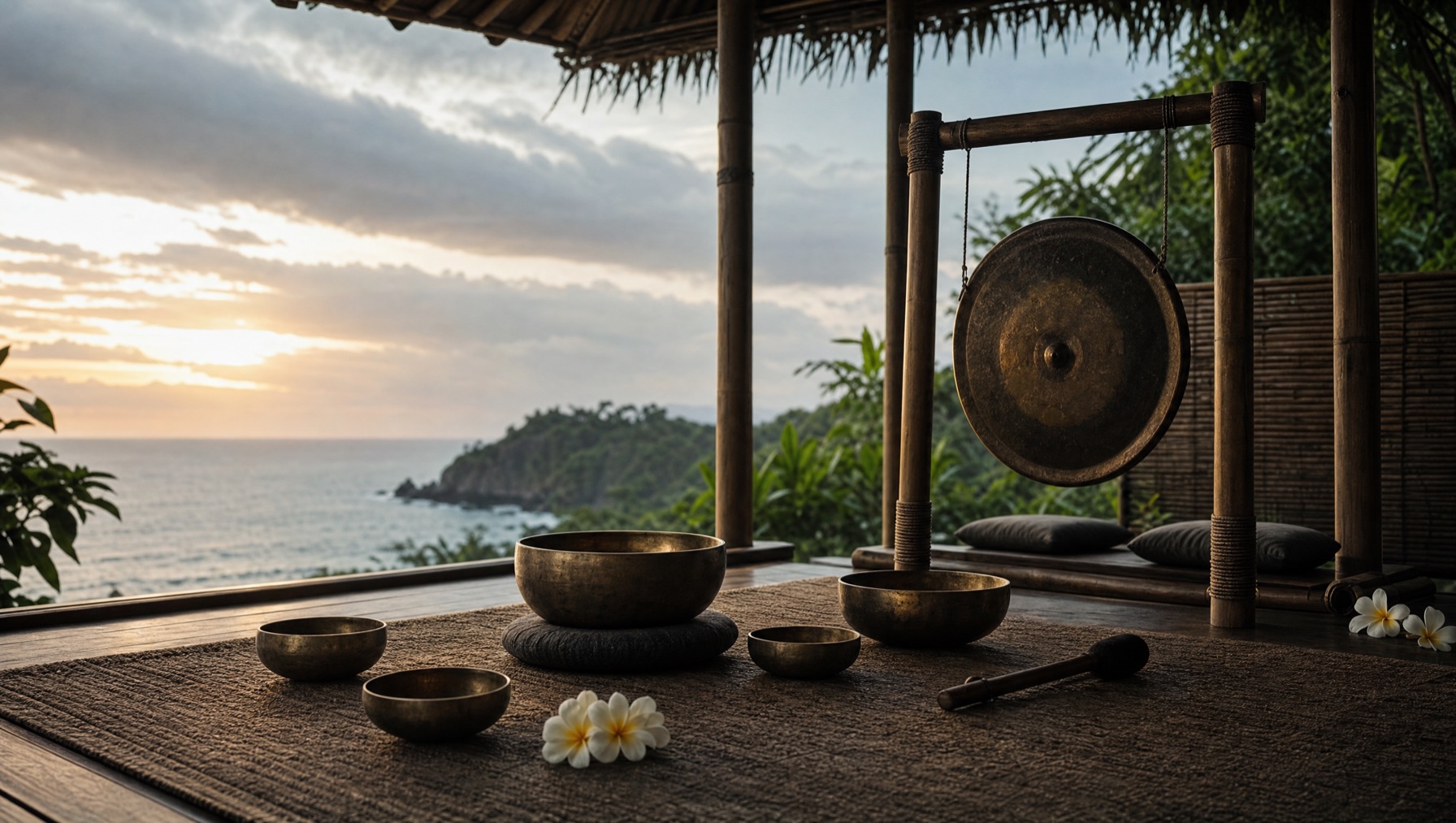 Bronze singing bowls and a gong set for a sound bath in a calm space