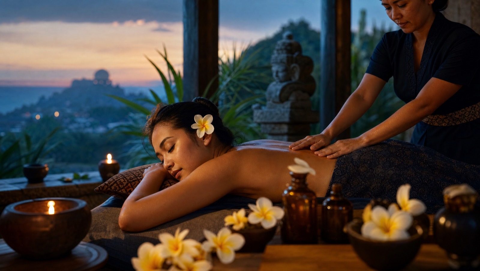 Balinese spa setting with frangipani, oils, and soft candlelight