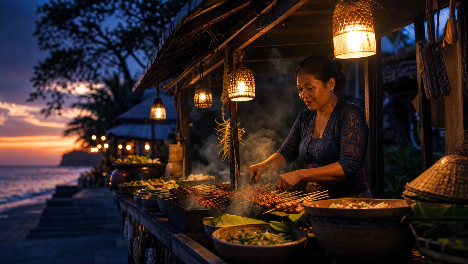 Balinese street-food cart at dusk with grilling satay and lanterns