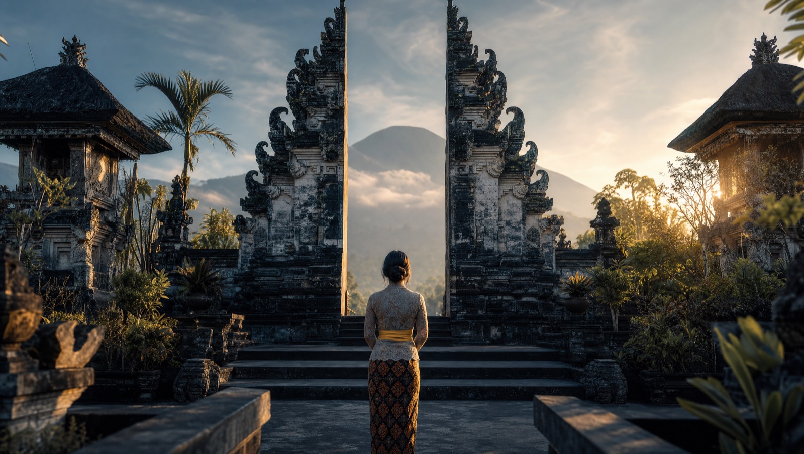 Visitor in a sarong and sash at a Balinese temple gate