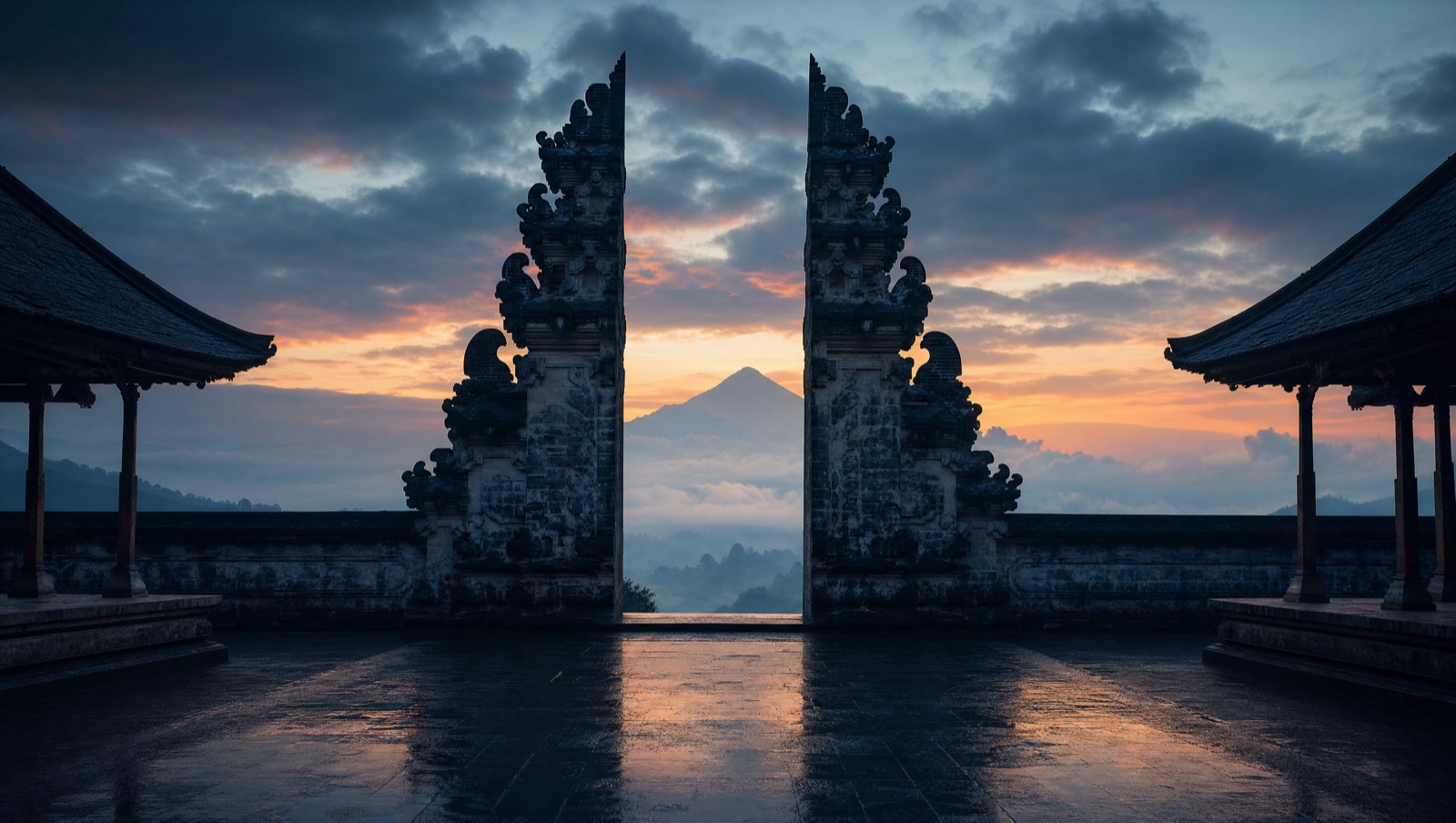 Balinese split temple gate (candi bentar) at dawn