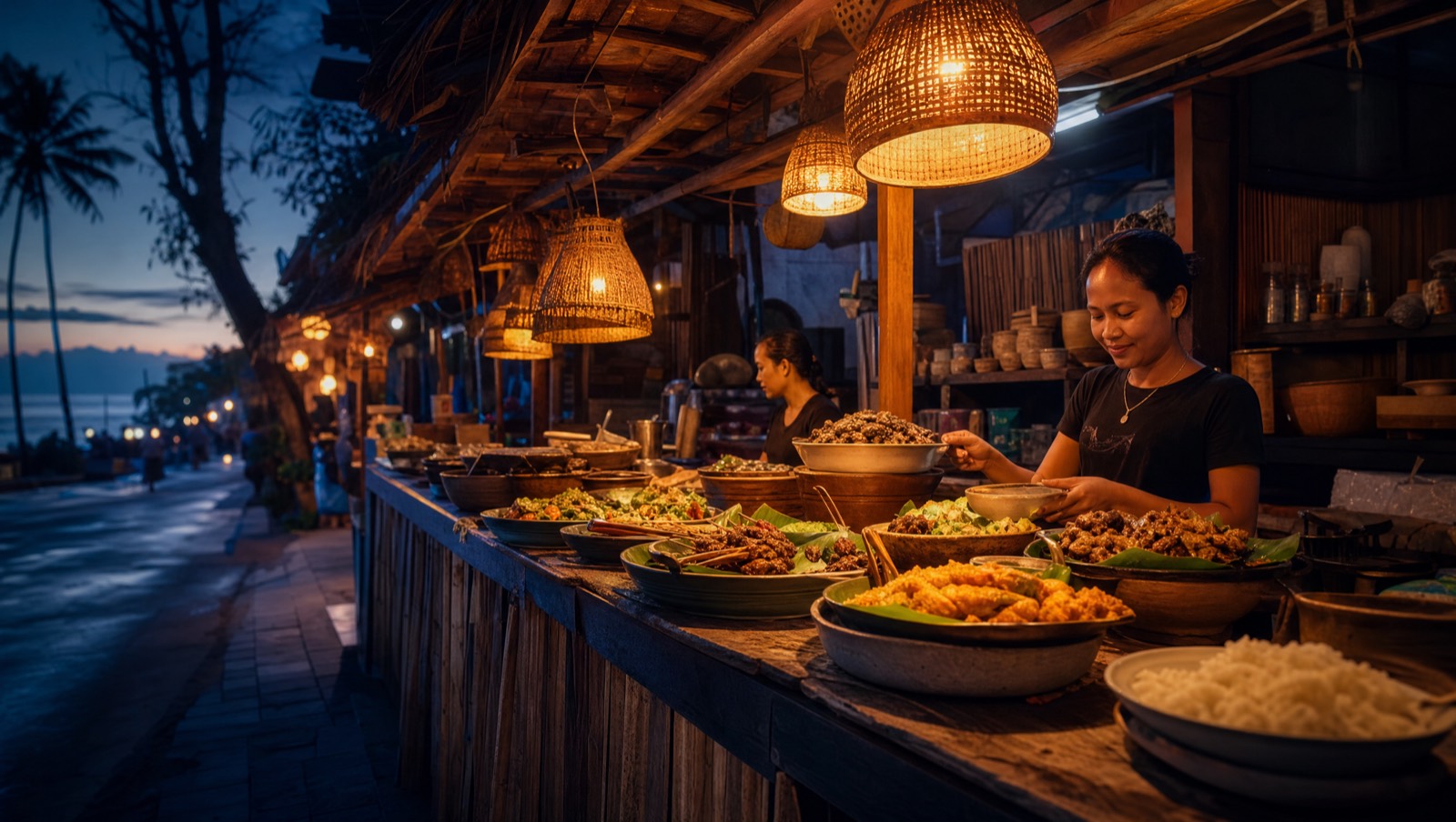 Balinese warung street-food stall in warm evening light