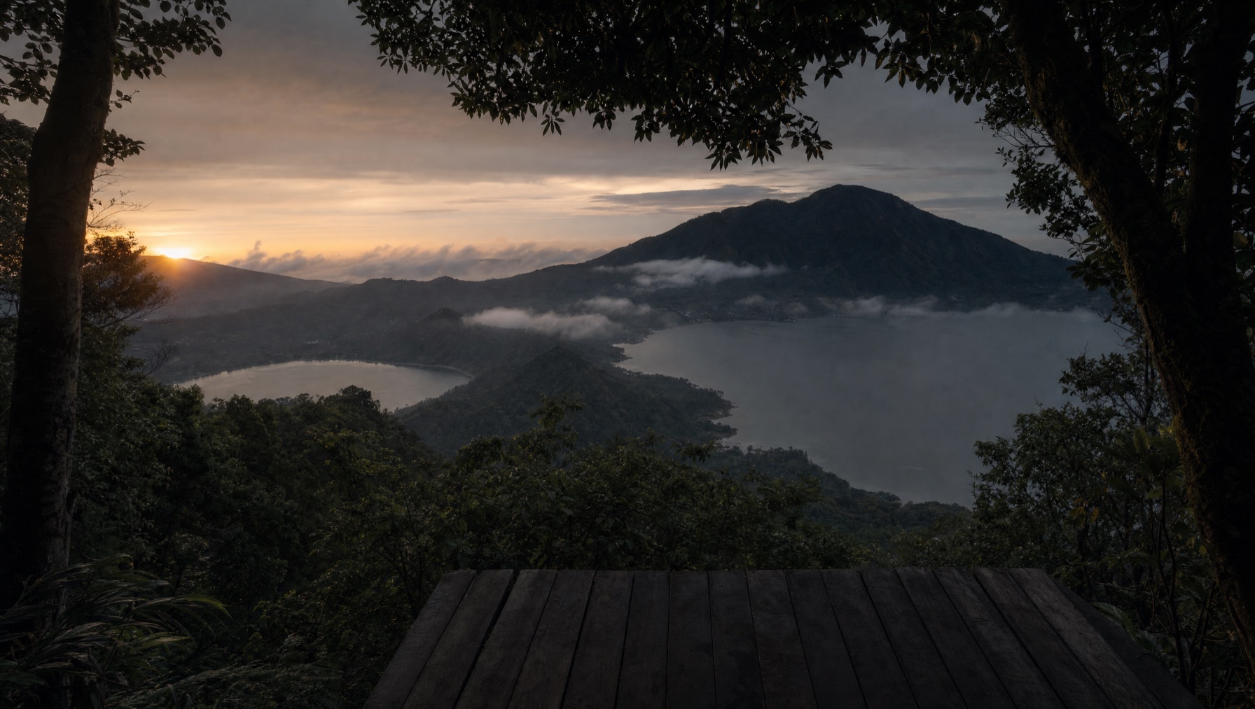 Ridge-top view over the twin lakes from Wanagiri Hidden Hills, north Bali