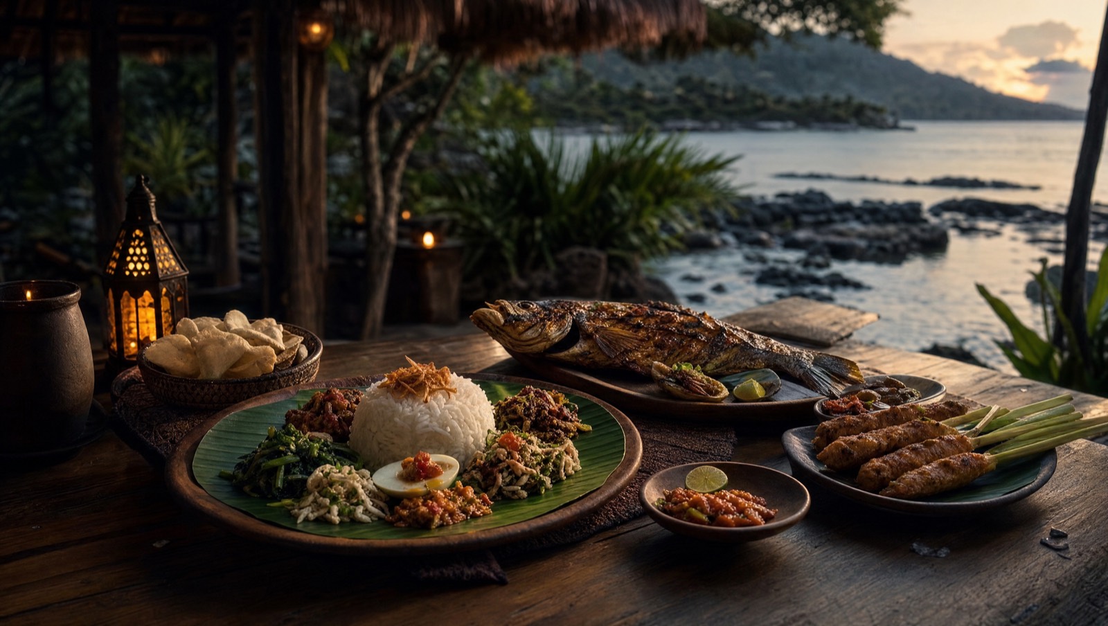 Balinese warung table with nasi campur, grilled fish, and sambal