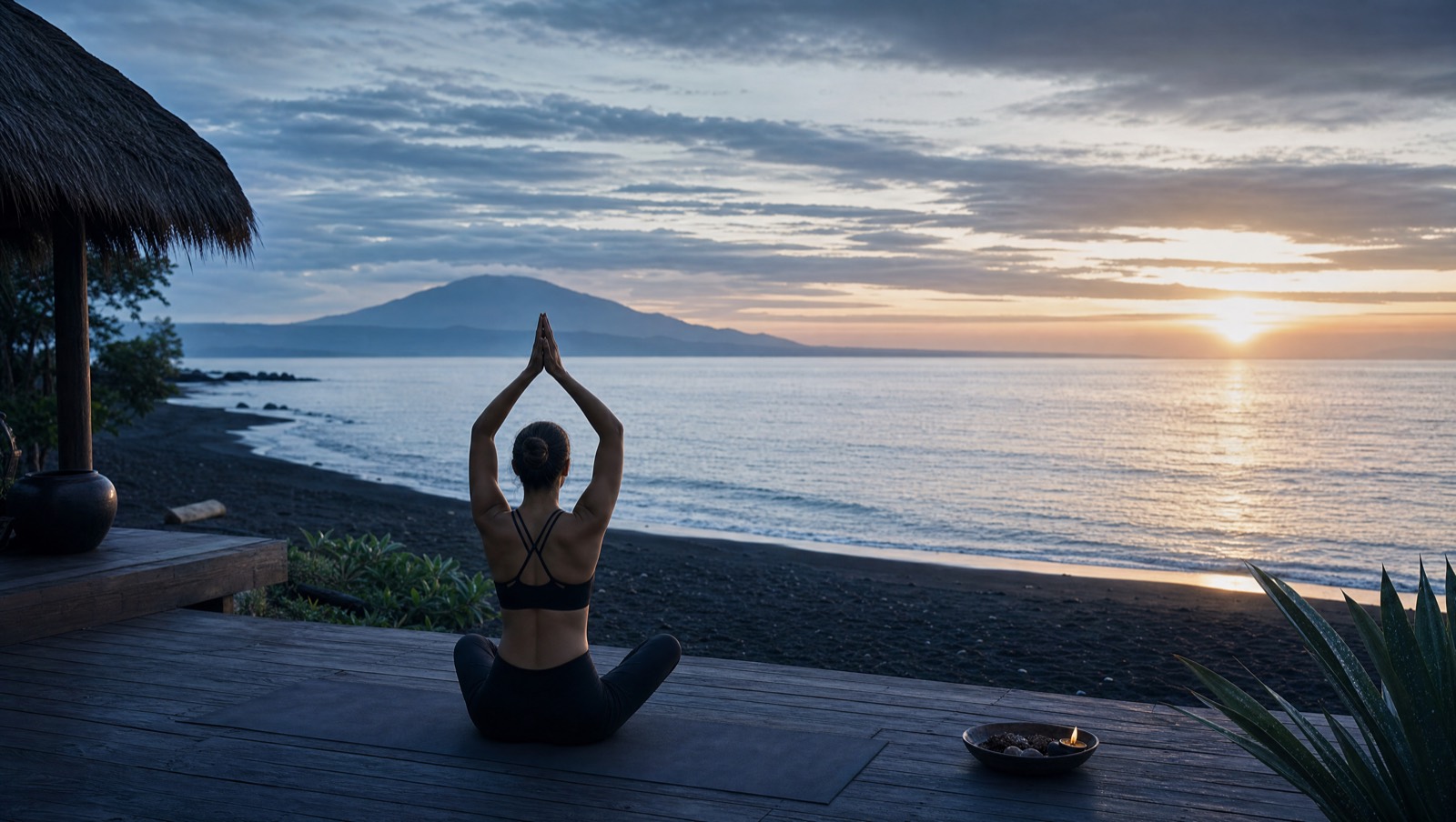 Yoga deck overlooking the calm Java Sea at dawn in north Bali