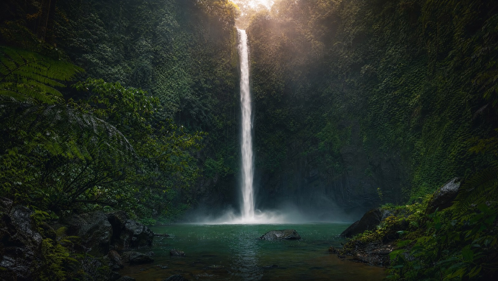 Tall single-drop jungle waterfall at Yeh Mampeh, north Bali