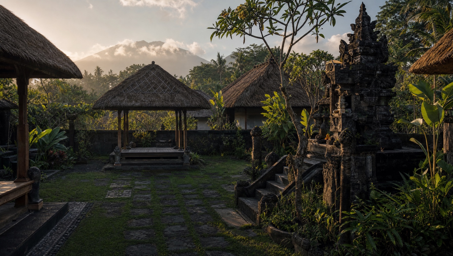 Split candi bentar gate and tiered meru shrines of a Balinese temple