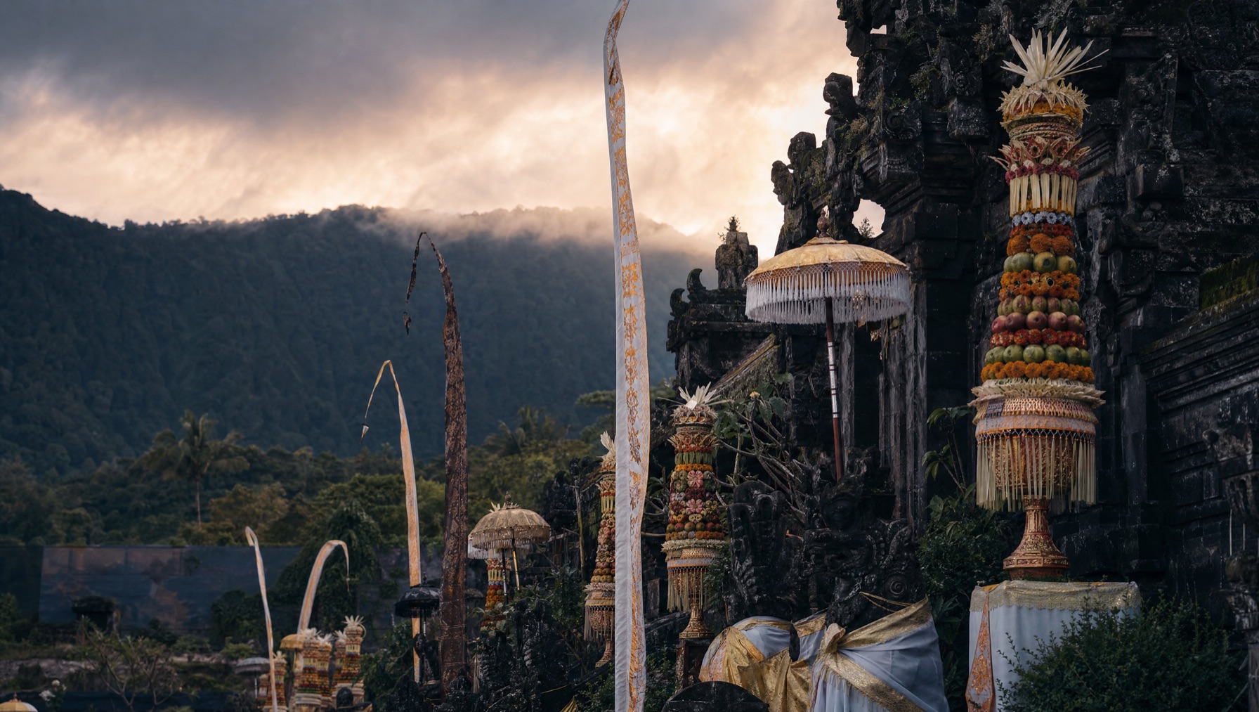 Balinese temple ceremony procession in traditional dress with offerings